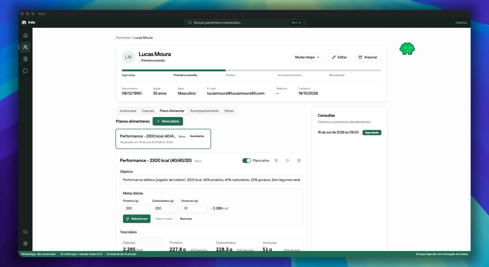 Ficha do paciente com abas de anamnese, exames, plano alimentar, acompanhamento e notas
